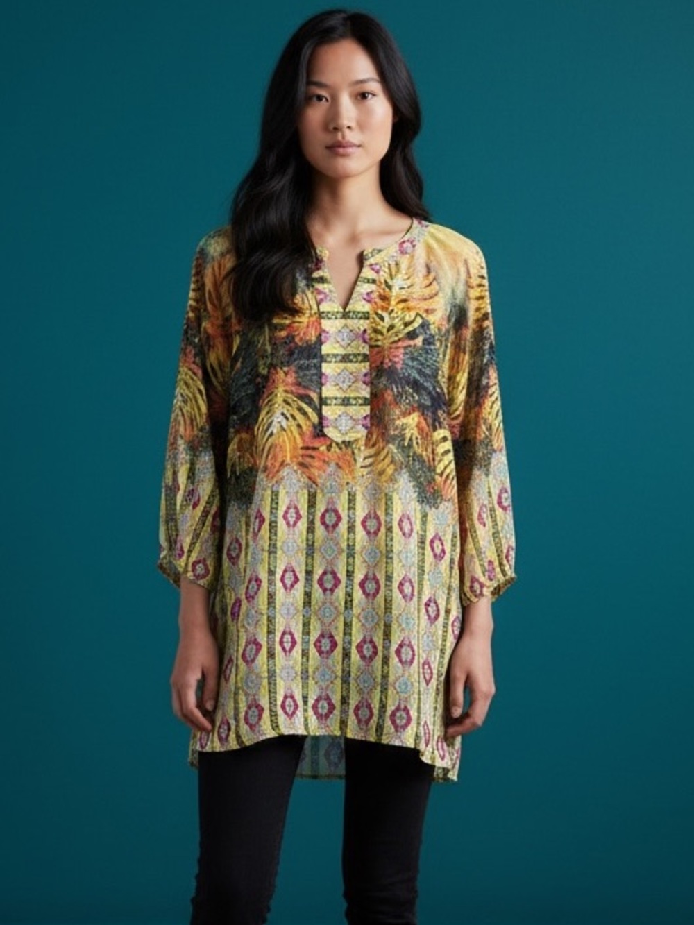 Anthro Fig & flower mixed media blouse